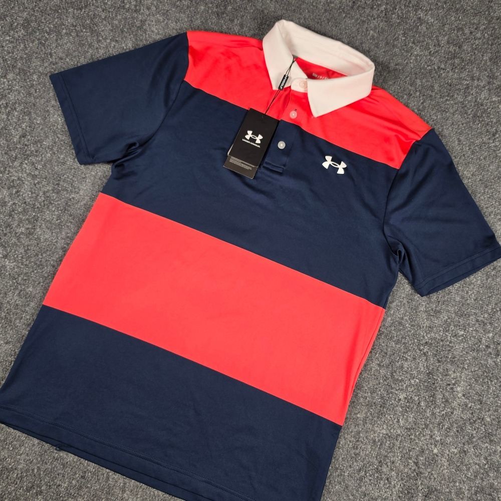 Under Armour Playoff Polo Mens Small Navy Orange Striped Golf Shirt NWT